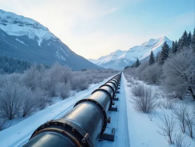 Trans Alaska Pipeline Running Through Snowy Mountain Valley