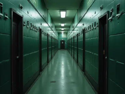 Long Dimly Lit Green Industrial Hallway