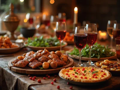 Festive Dinner Table With Roasted Meat And Quiche