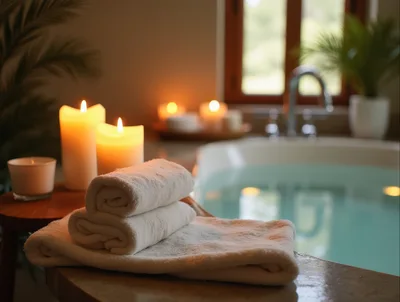 Relaxing Spa Bathroom Setting With Candles And Towels