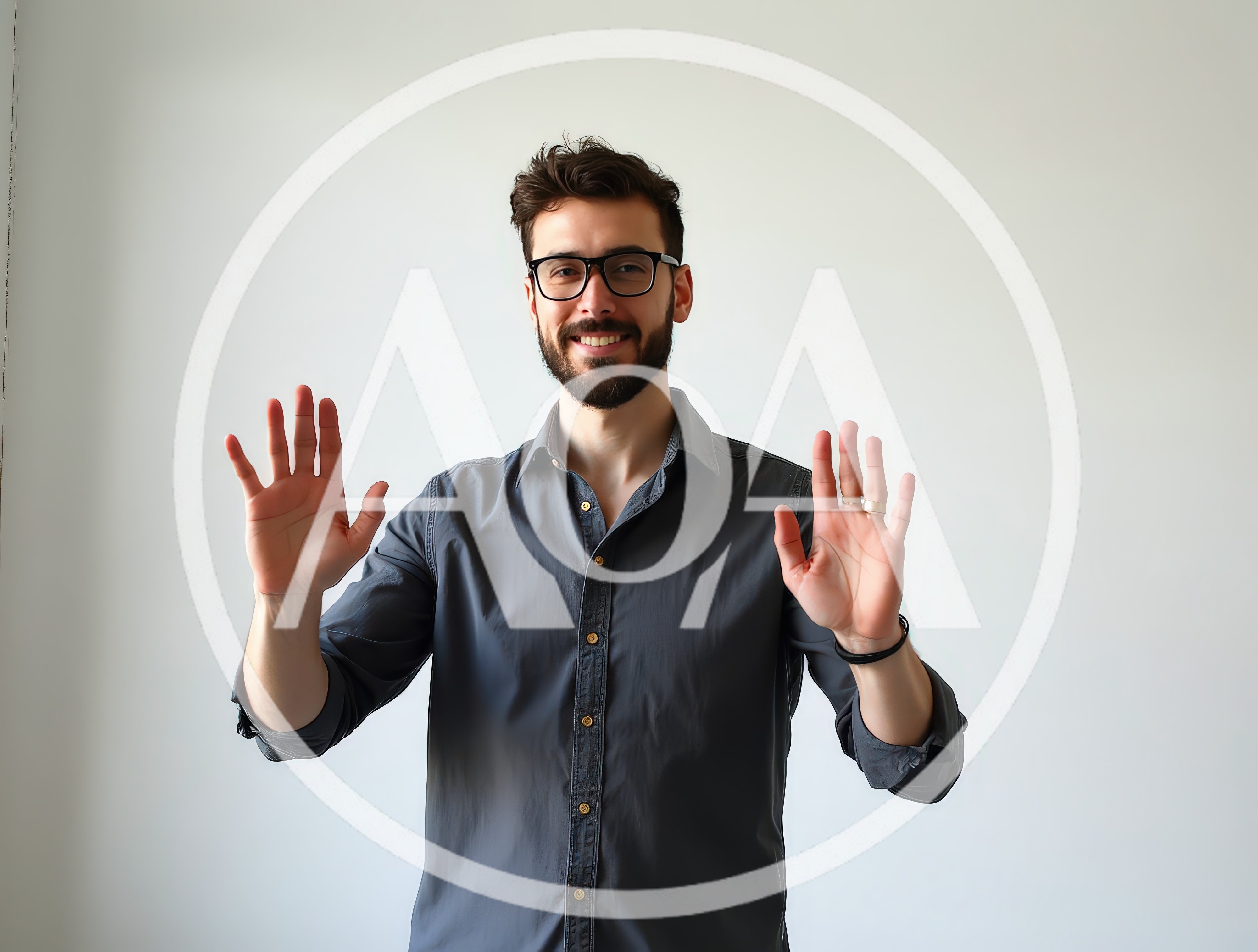 Smiling Man Gesturing With Open Hands Against White Background