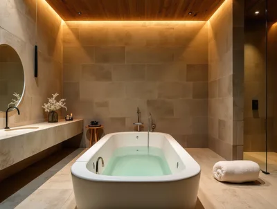 Modern Minimalist Bathroom With Freestanding Bathtub