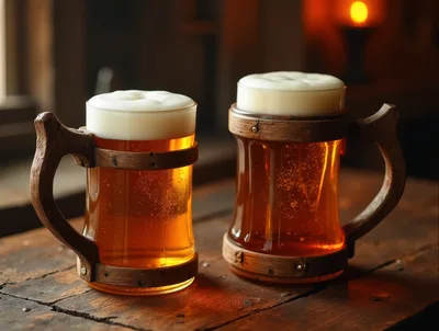 Two Wooden Tankards Of Golden Beer On Tavern Table