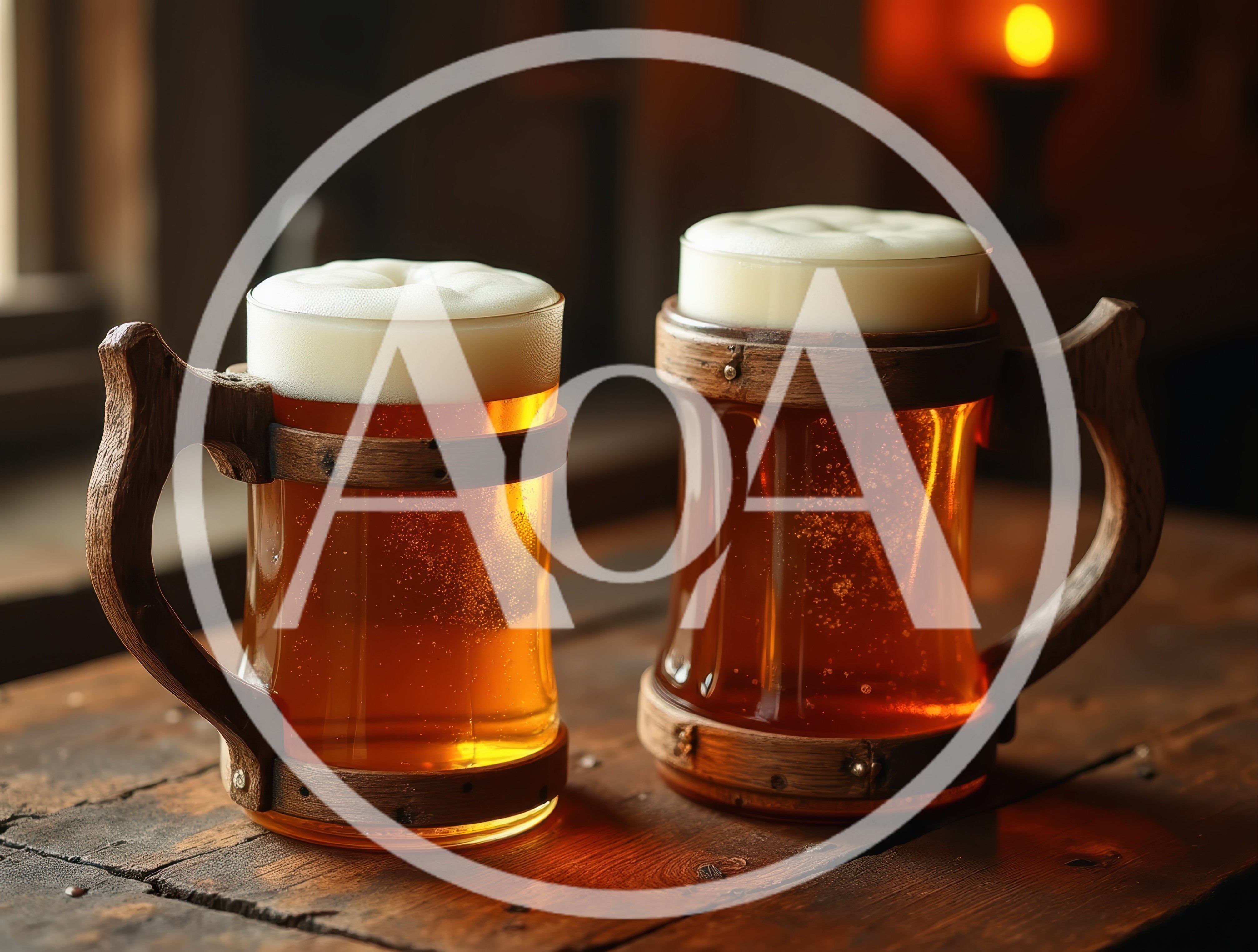Two Wooden Tankards Of Golden Beer On Tavern Table