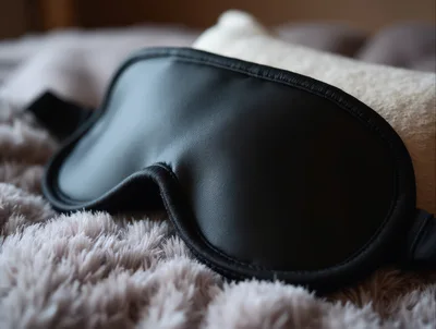 Black Silk Sleep Mask Resting On Soft Blanket