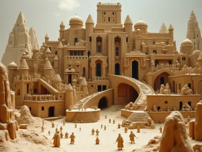 Intricate Sandcastle City With Miniature Figures