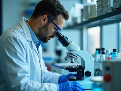 Male Scientist Examining Samples Under Laboratory Microscope
