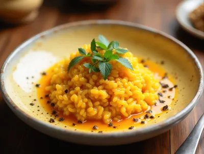 Saffron Risotto Served in a Rustic Ceramic Bowl