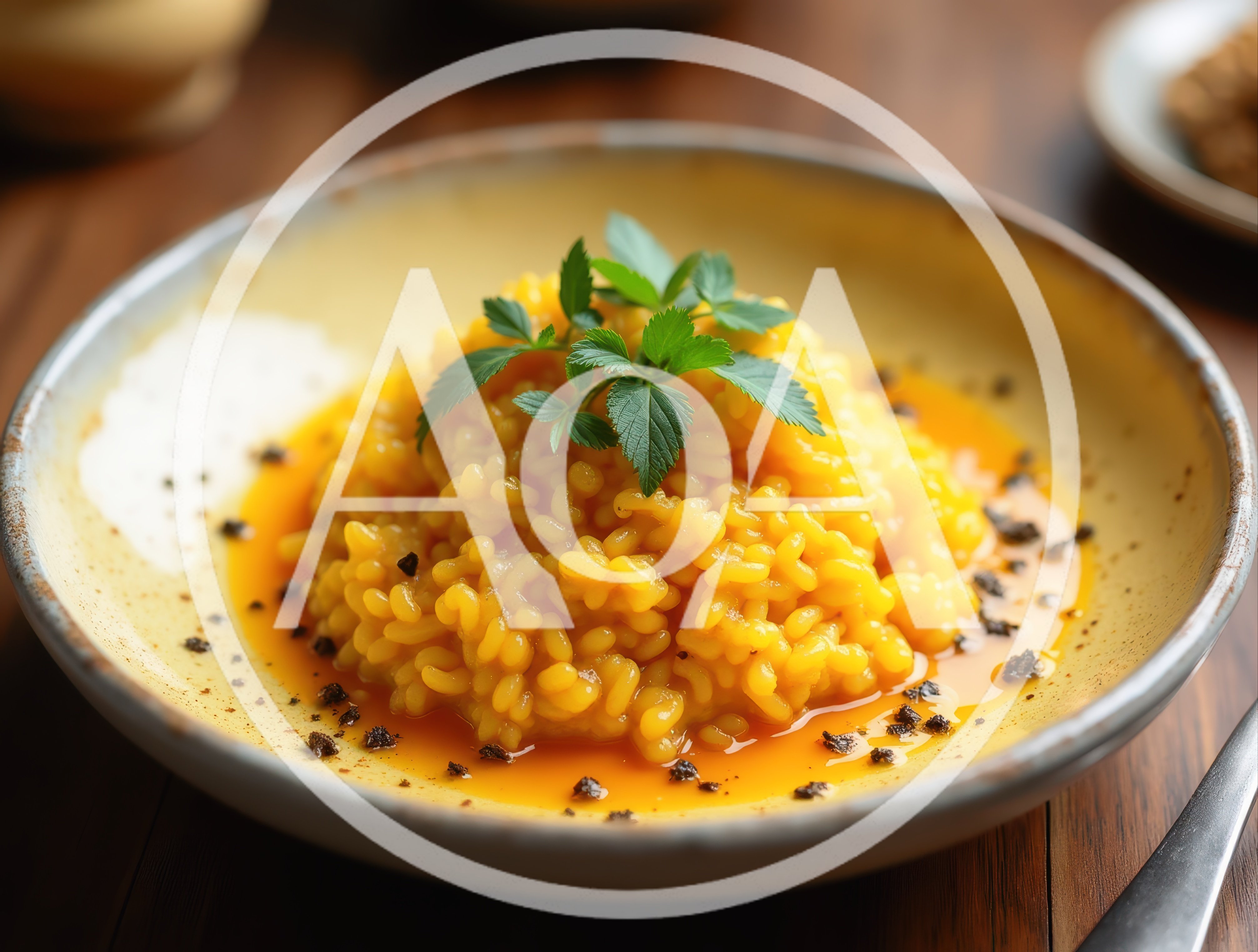 Saffron Risotto Served in a Rustic Ceramic Bowl