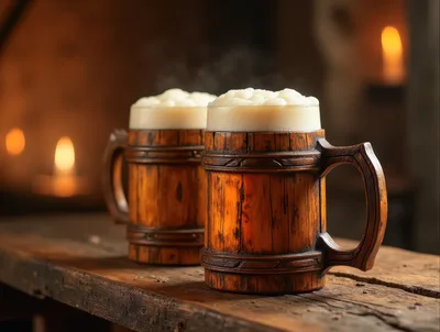 Two Wooden Beer Mugs On A Rustic Tavern Table