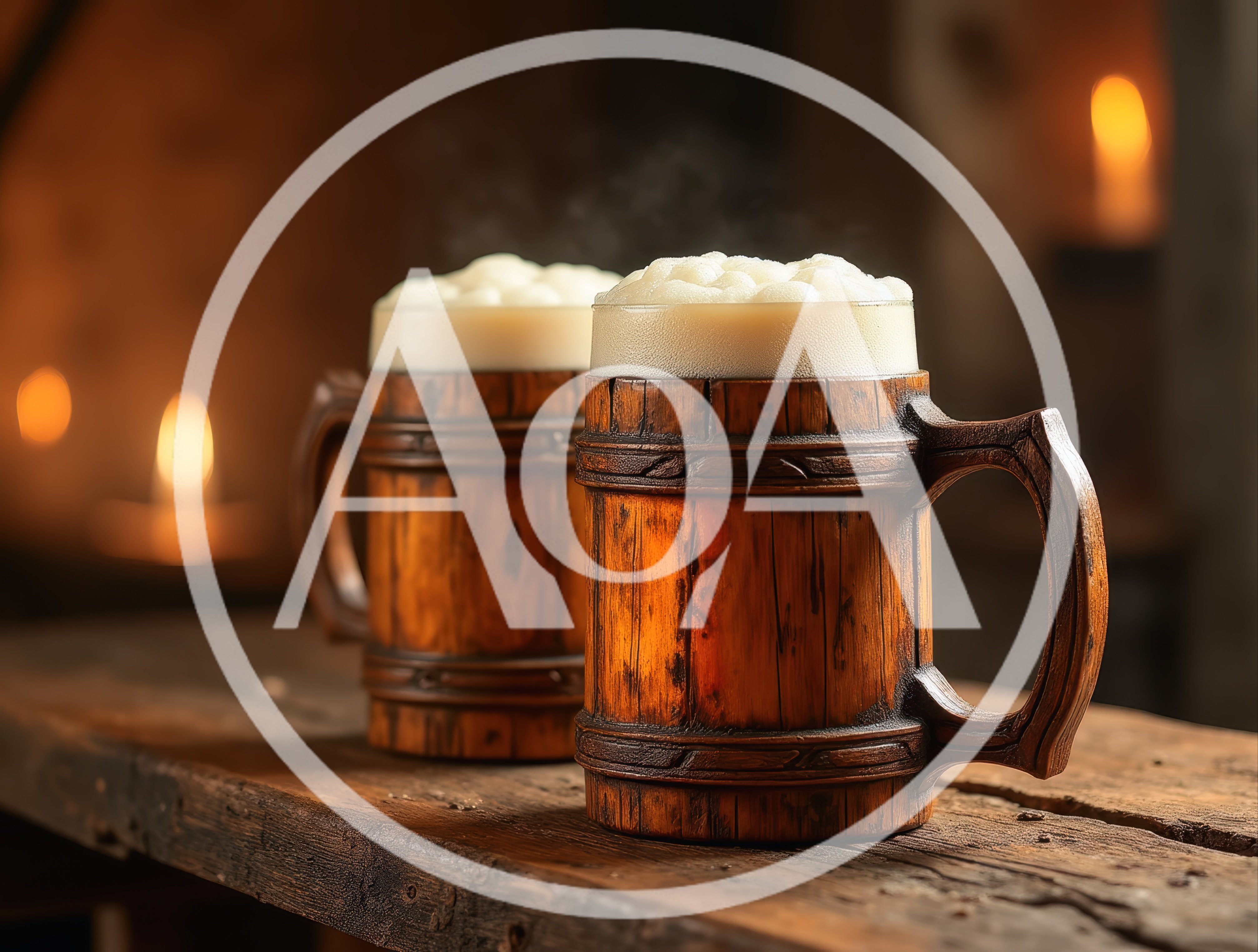 Two Wooden Beer Mugs On A Rustic Tavern Table