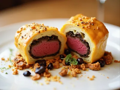 Two Halves Of Beef Wellington On A White Plate