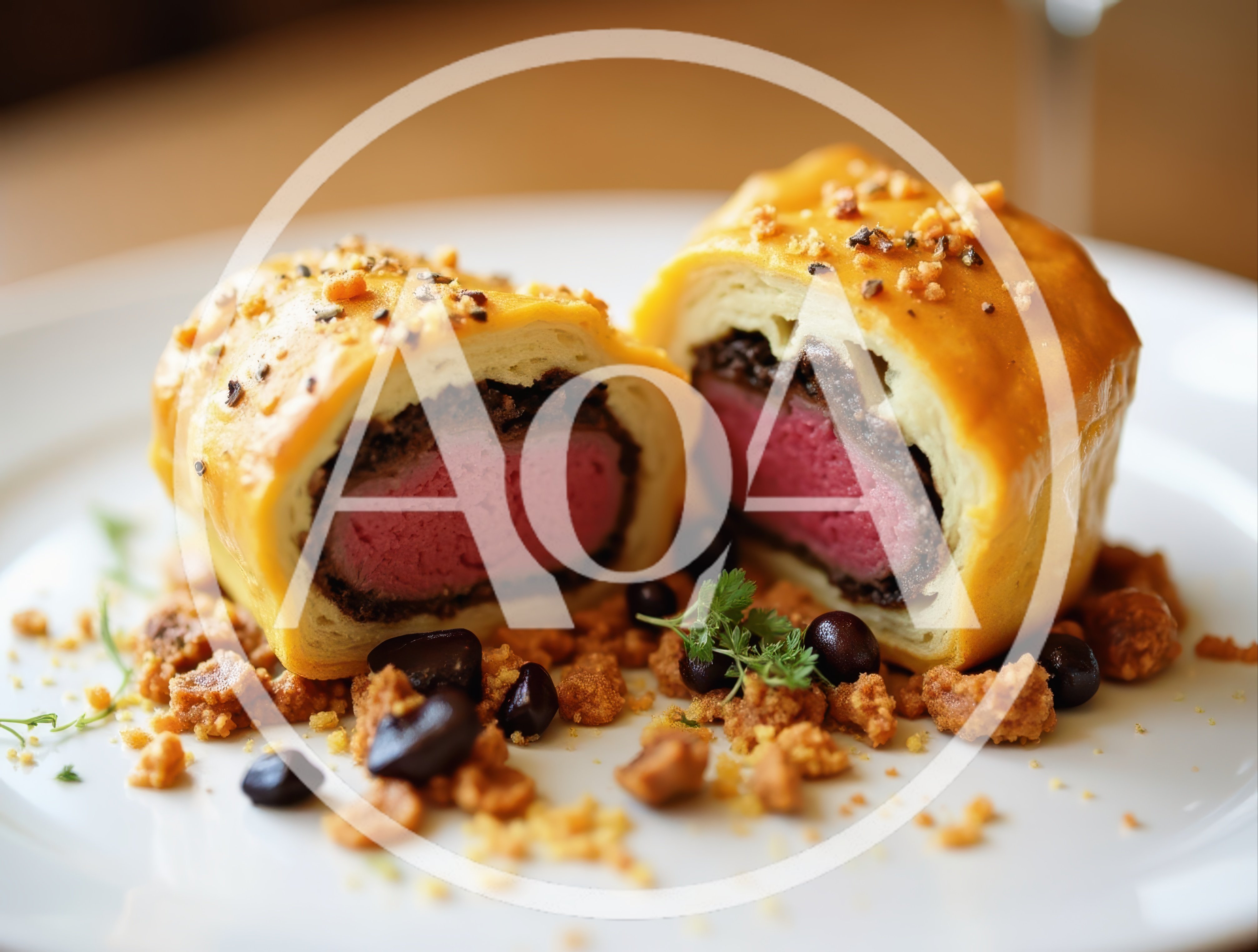 Two Halves Of Beef Wellington On A White Plate