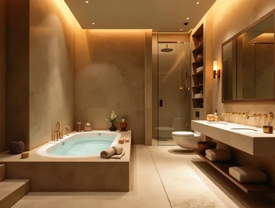 Modern Luxury Bathroom Interior With Bathtub And Vanity