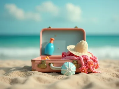 Open Pink Suitcase With Beach Essentials On Sandy Shore