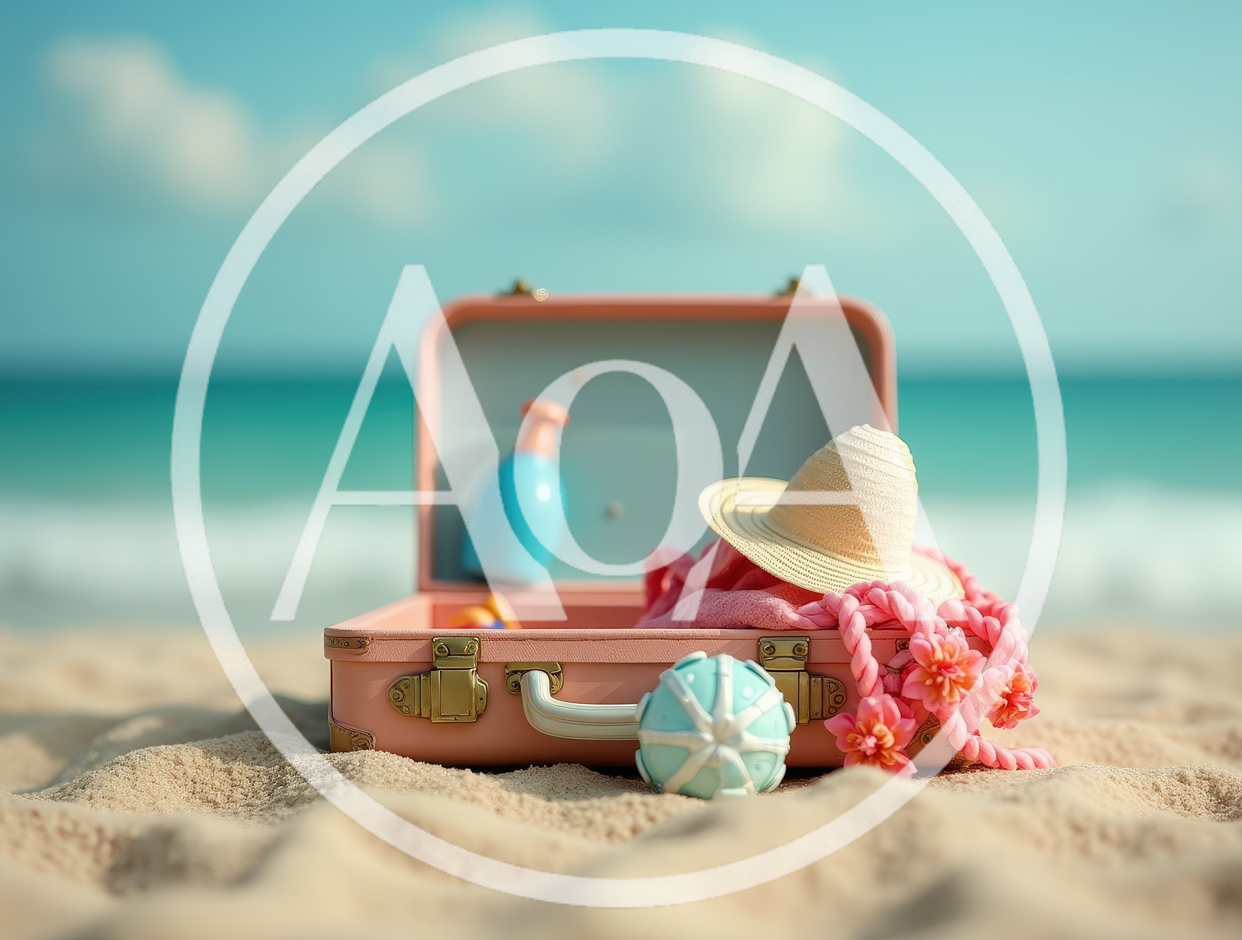 Open Pink Suitcase With Beach Essentials On Sandy Shore