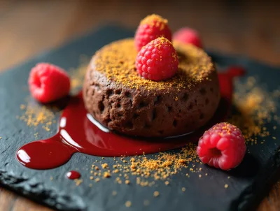 Chocolate Lava Cake With Fresh Raspberries On Slate