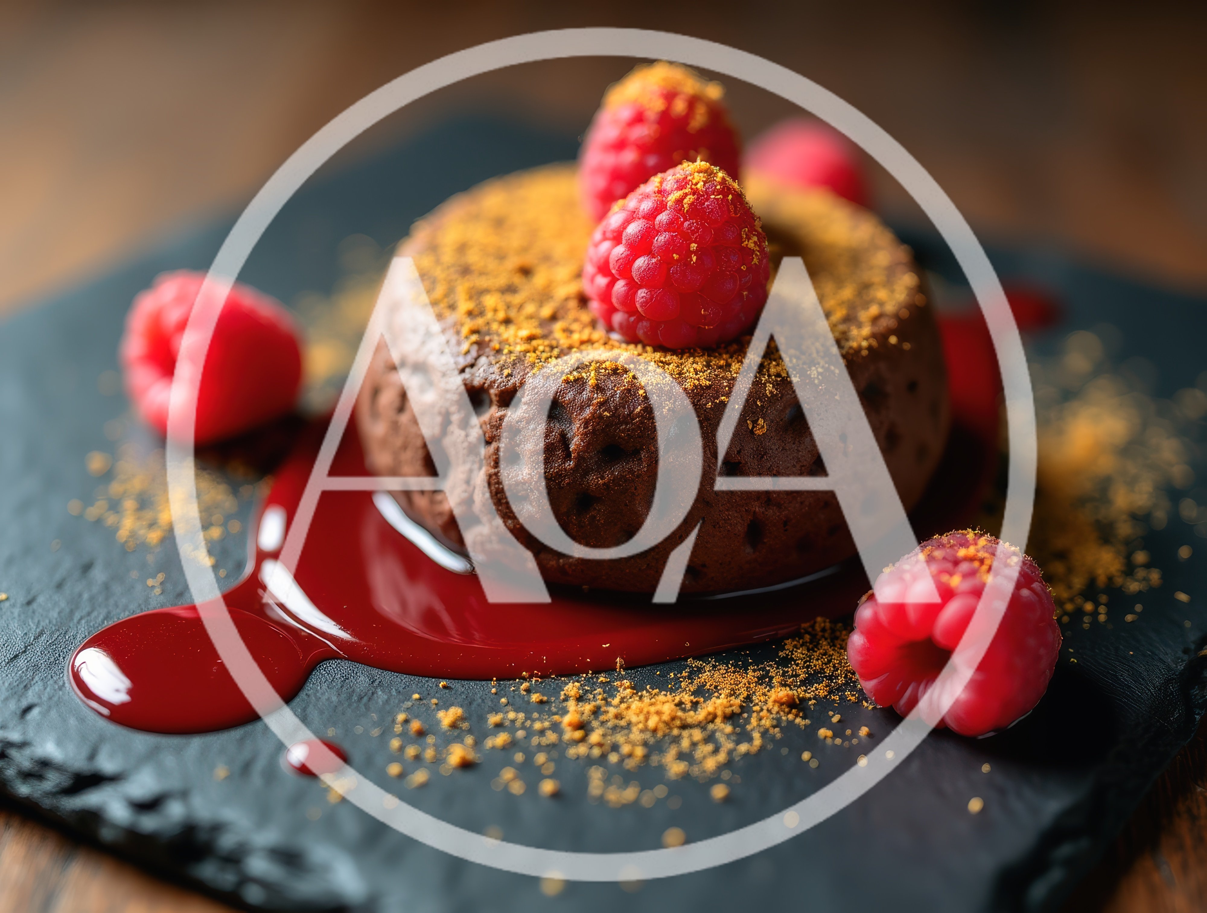 Chocolate Lava Cake With Fresh Raspberries On Slate