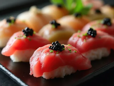 Fresh Tuna Nigiri Sushi Topped With Black Caviar