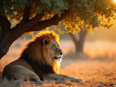 Majestic Male Lion Resting Under Acacia Tree