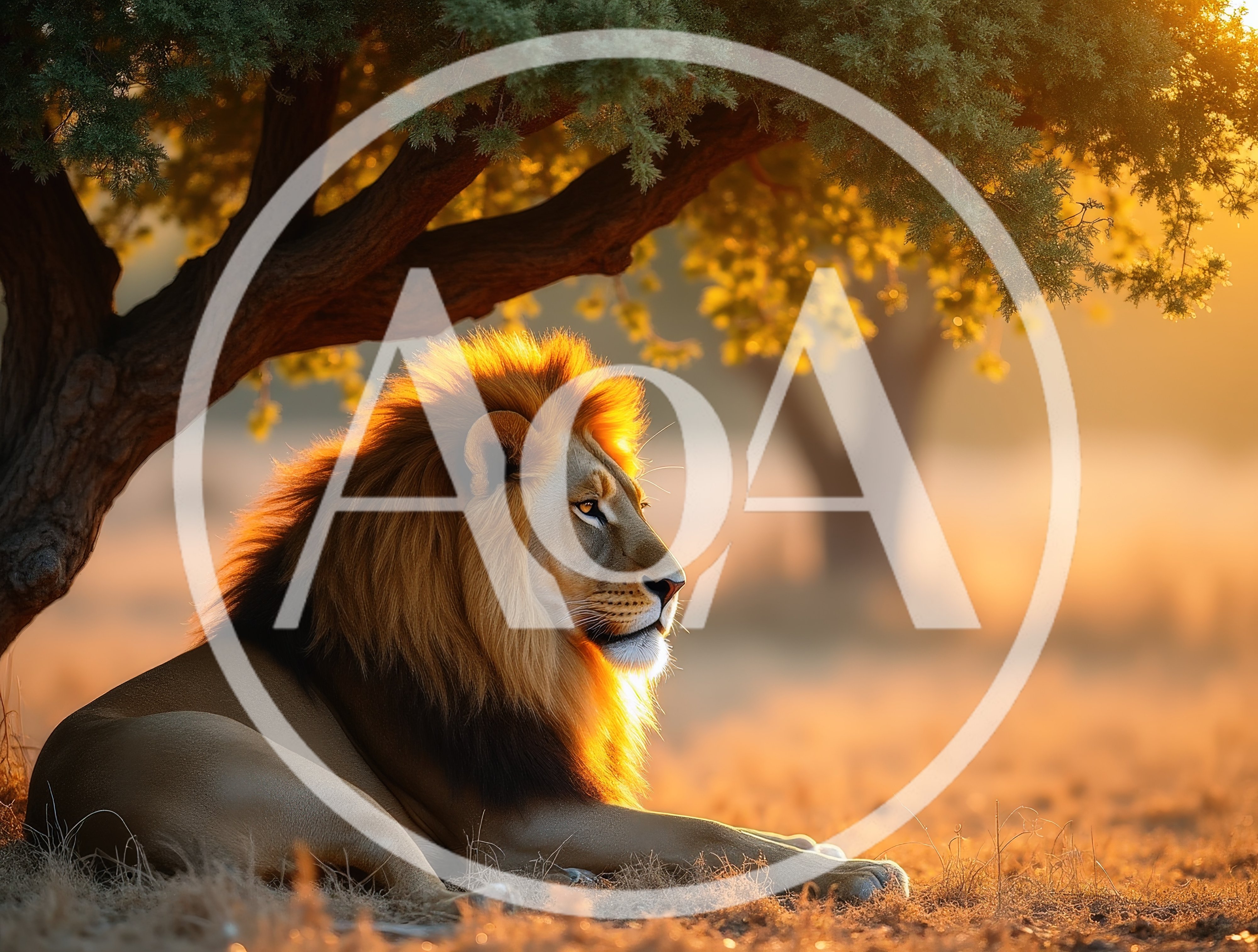 Majestic Male Lion Resting Under Acacia Tree