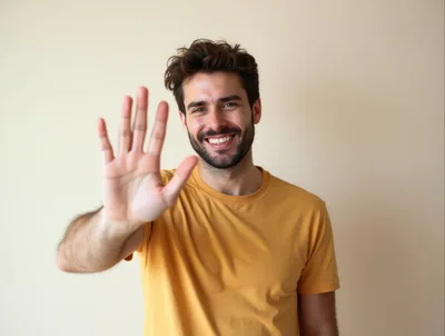 Smiling Young Man Waving Hand At Camera