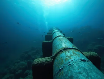Underwater View Of A Submerged Industrial Pipeline