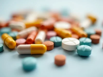 Assorted Pharmaceutical Pills and Capsules on Blue Background