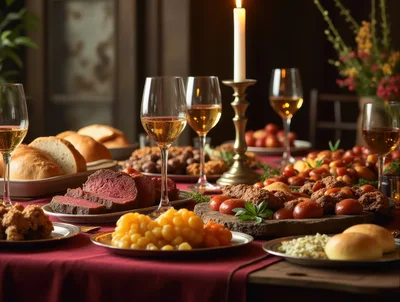 Elegant Festive Dinner Table With Roast Meat And Wine