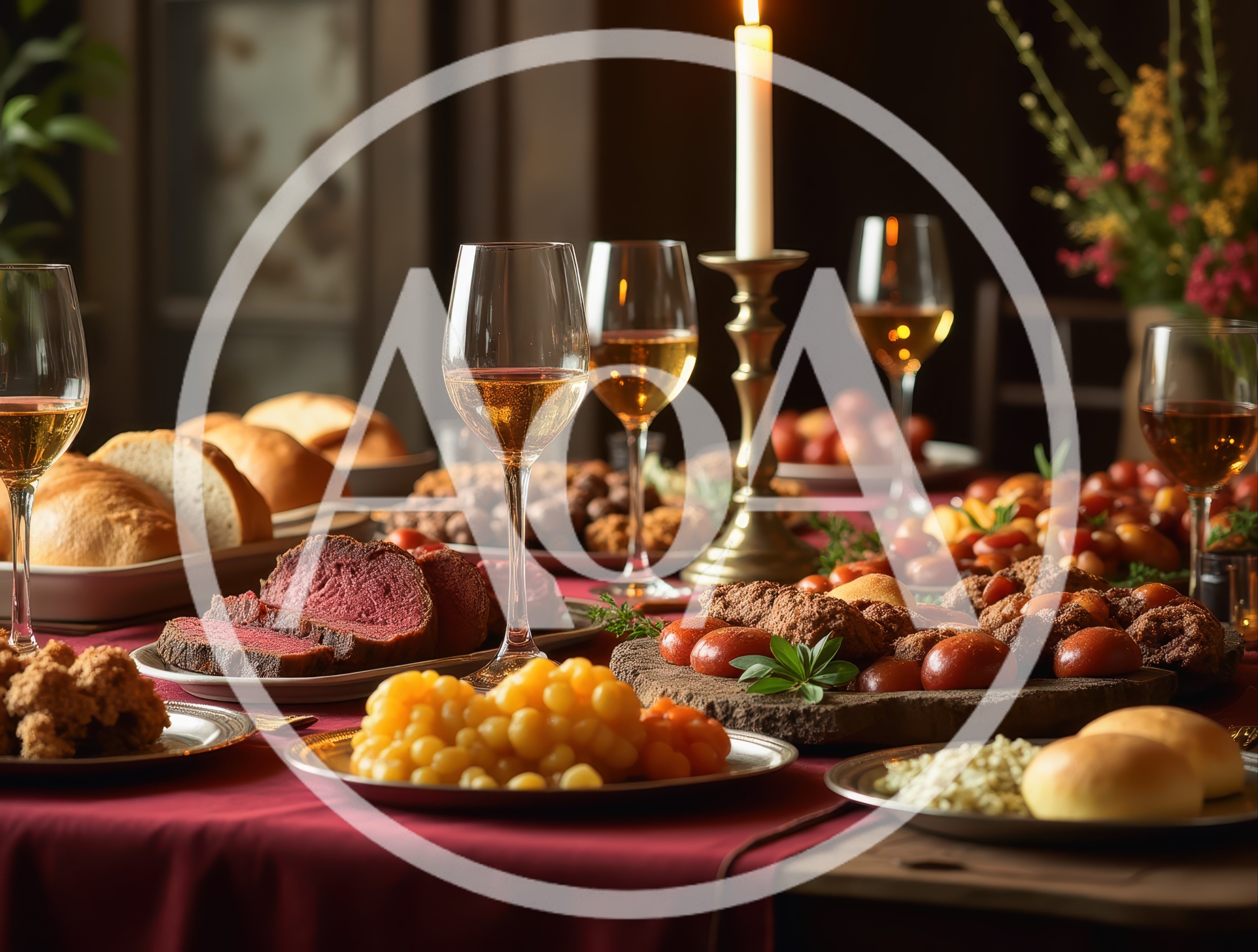 Elegant Festive Dinner Table With Roast Meat And Wine