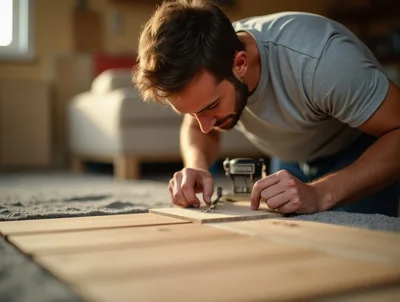 Young Man Assembling Wooden Furniture At Home
