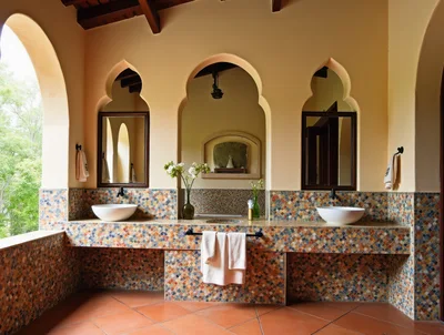Luxury Bathroom With Mosaic Tiled Vanity And Arched Mirrors