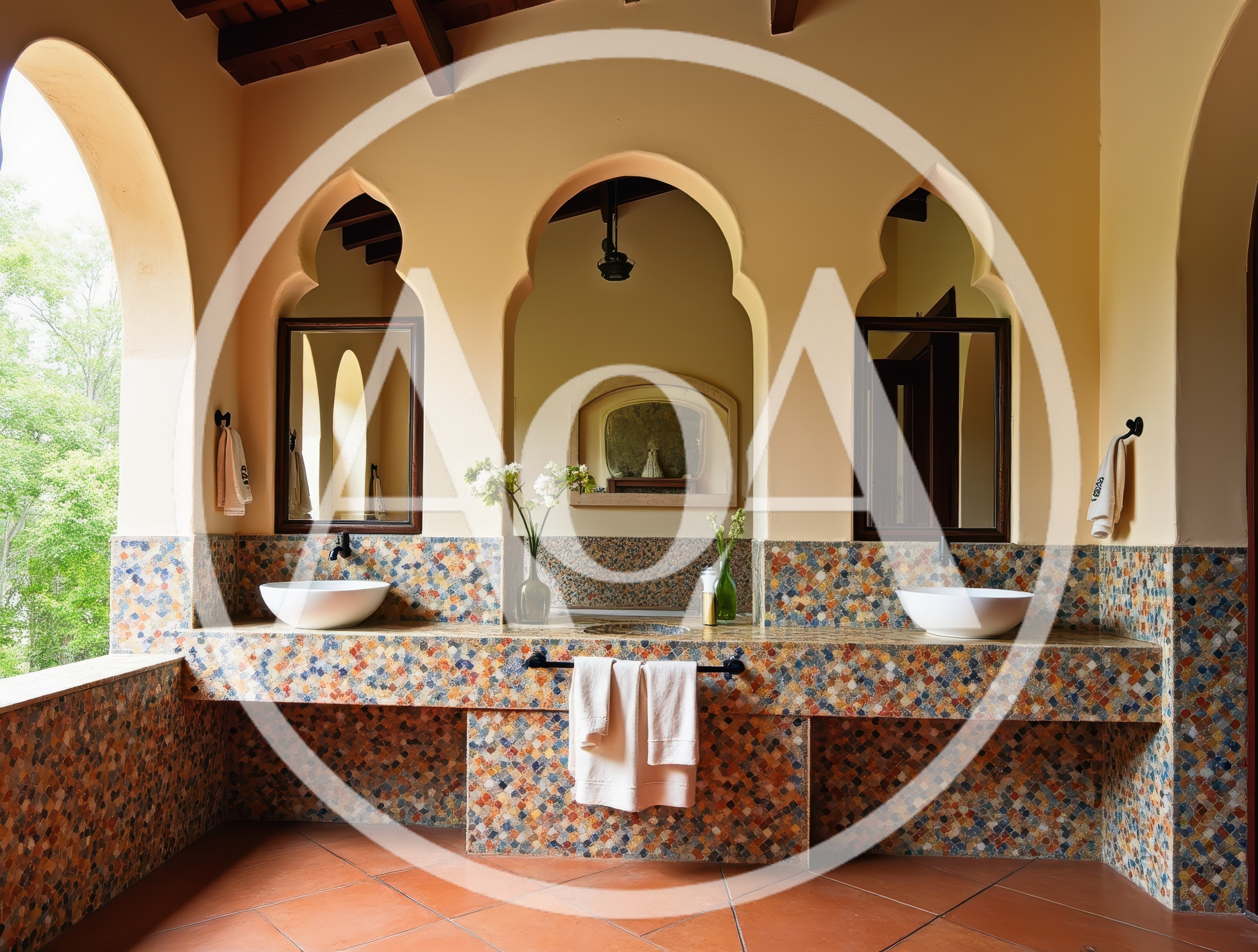 Luxury Bathroom With Mosaic Tiled Vanity And Arched Mirrors