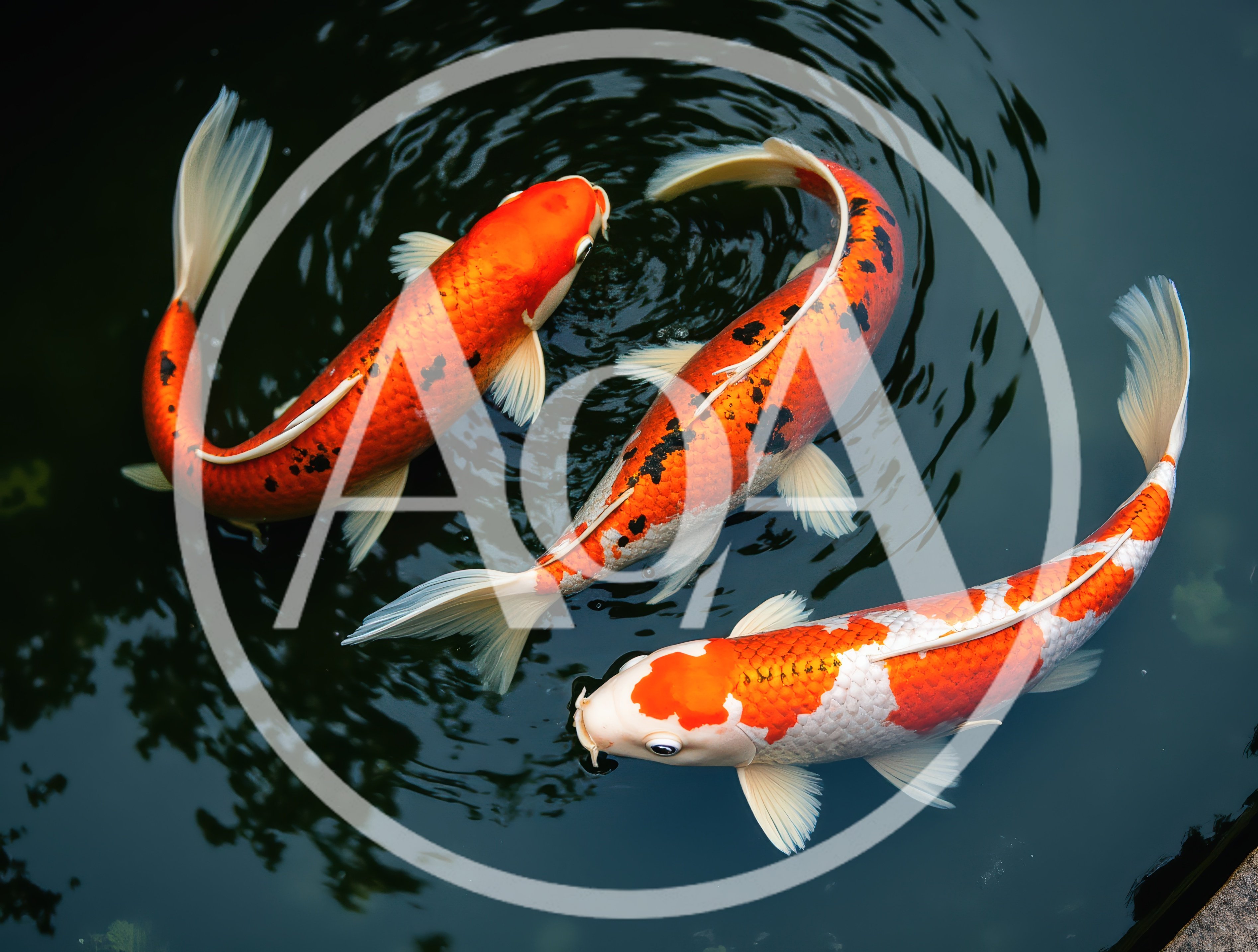 Three Vibrant Koi Fish Swimming in Dark Pond