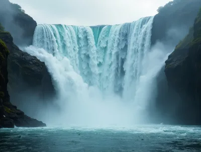 Massive Waterfall Cascading Down Rugged Rocky Cliffs