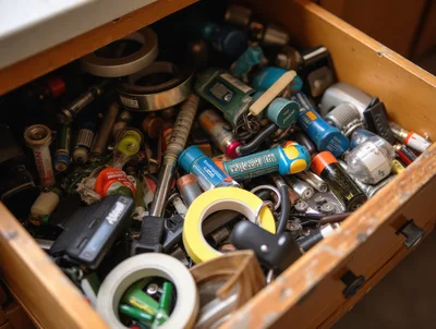 Cluttered Junk Drawer Filled With Miscellaneous Household Items