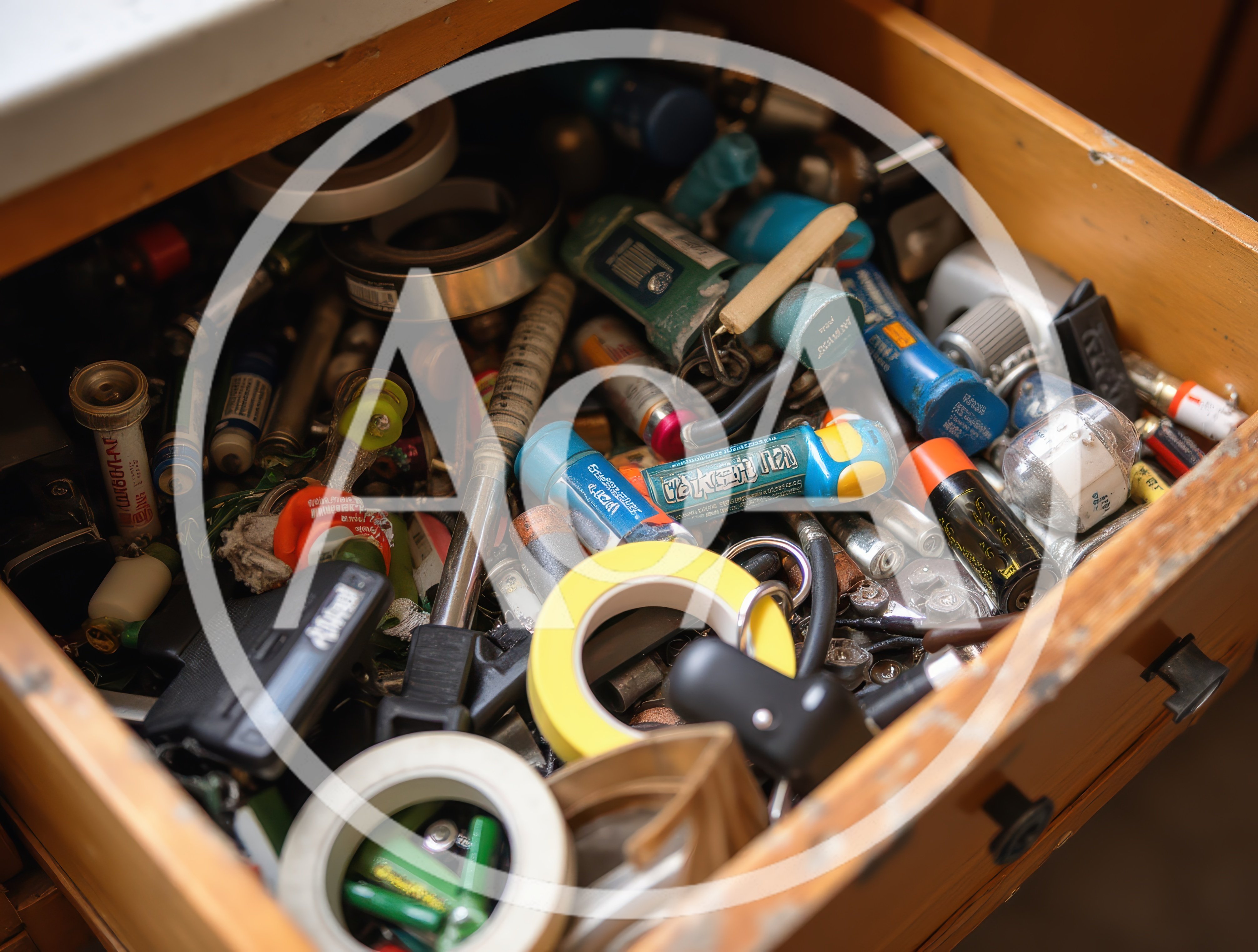 Cluttered Junk Drawer Filled With Miscellaneous Household Items