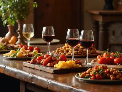 Rustic Table Spread With Wine And Appetizers