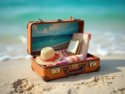 Open Vintage Suitcase With Beach Accessories On Sand