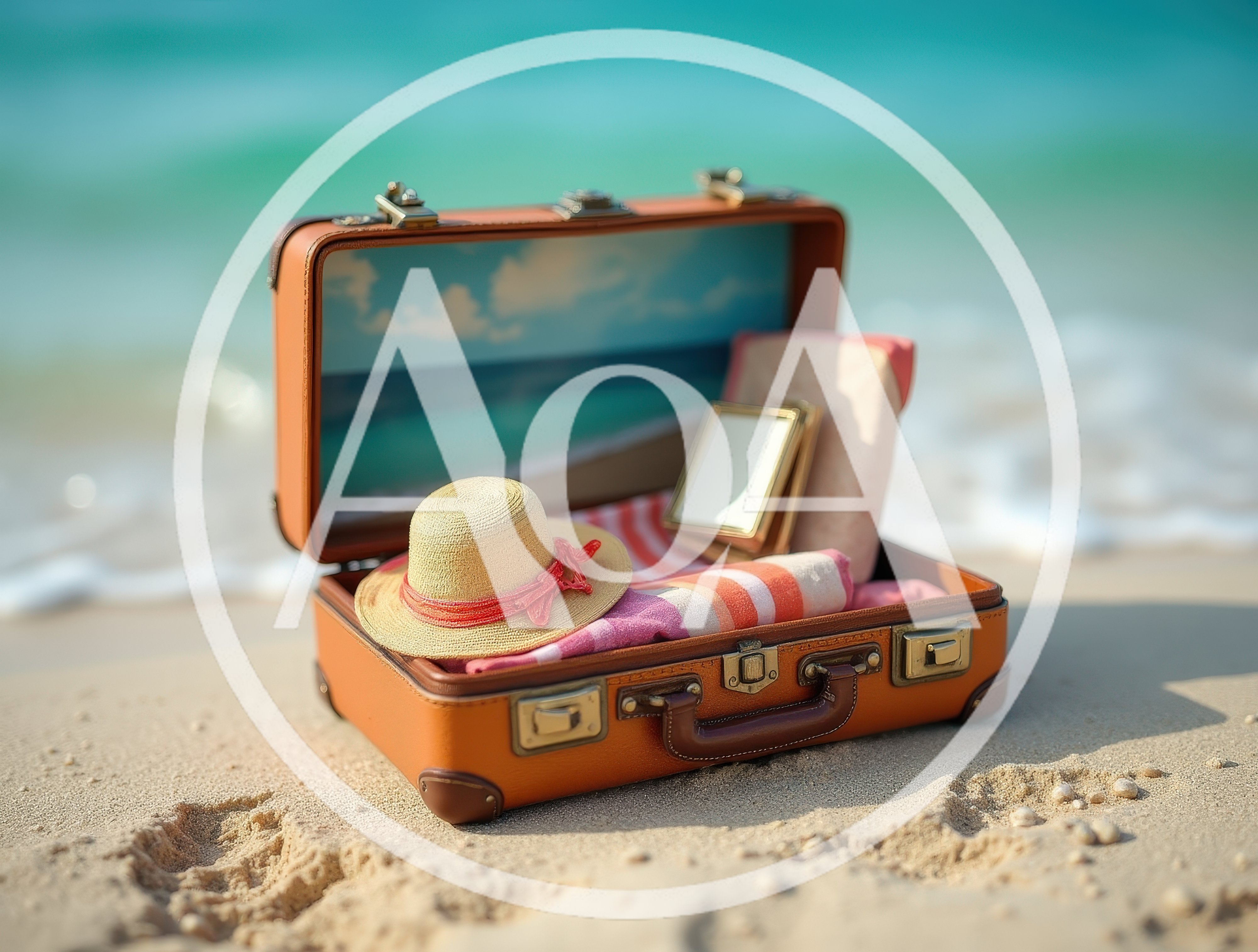 Open Vintage Suitcase With Beach Accessories On Sand