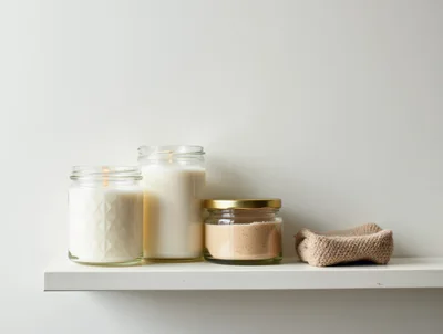 Spa Candles And Bath Salts On A White Shelf