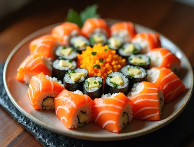 Platter Of Fresh Salmon Sushi Rolls And Maki