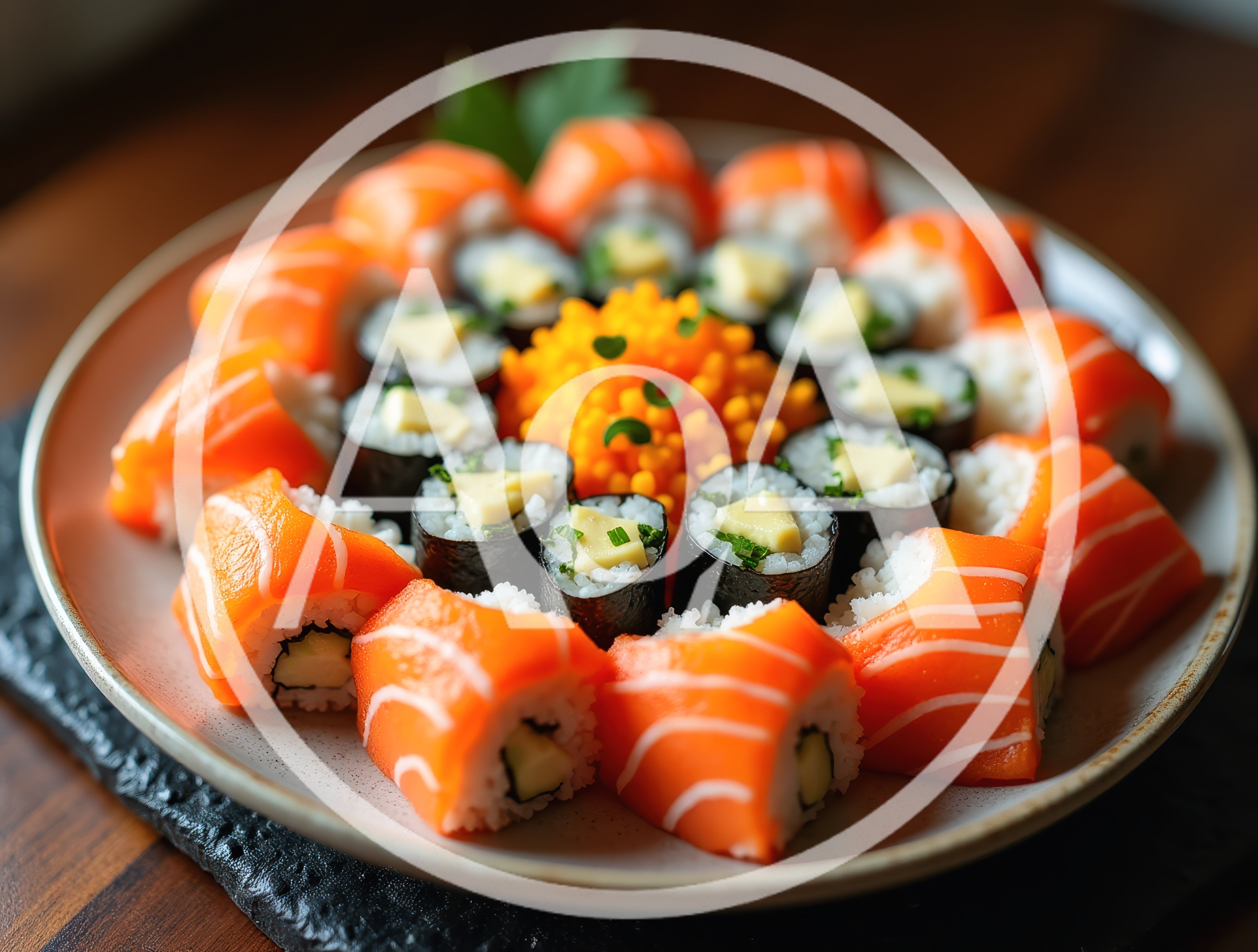 Platter Of Fresh Salmon Sushi Rolls And Maki