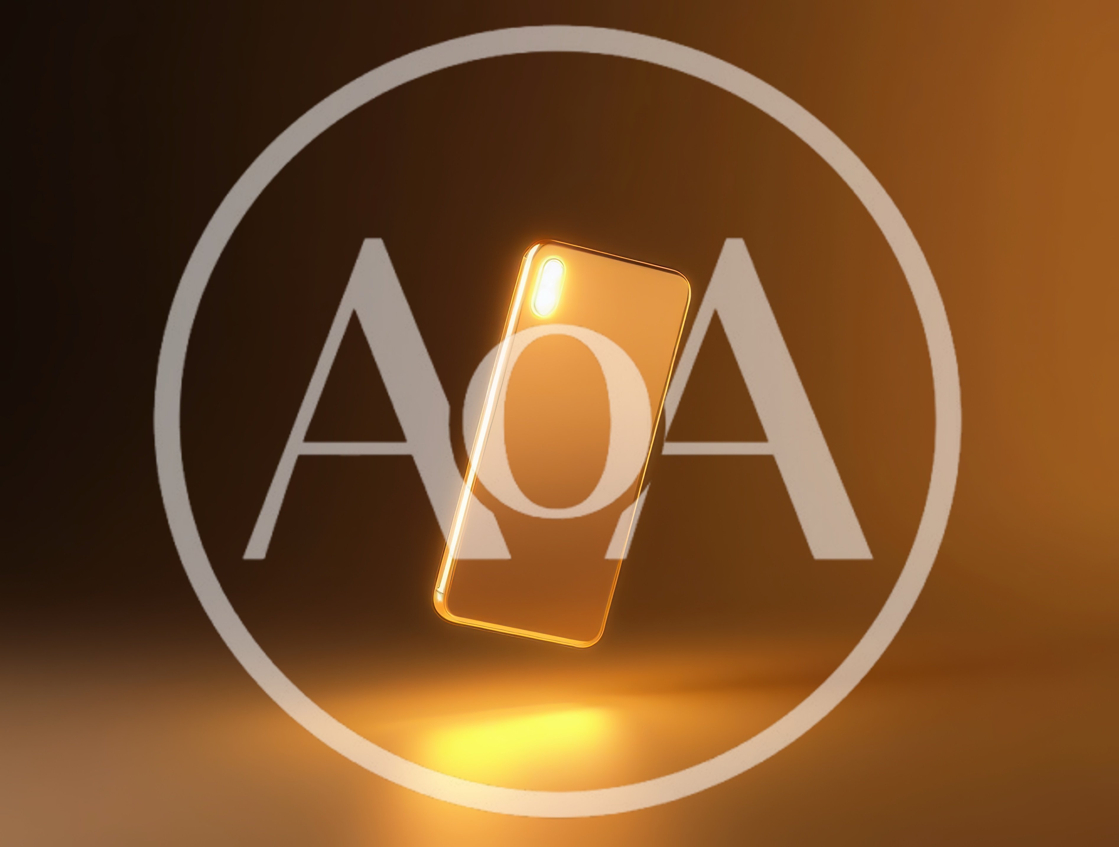 Floating Golden Smartphone With Glowing Camera Lens
