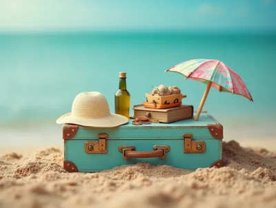 Vintage Suitcase With Beach Accessories On Sand
