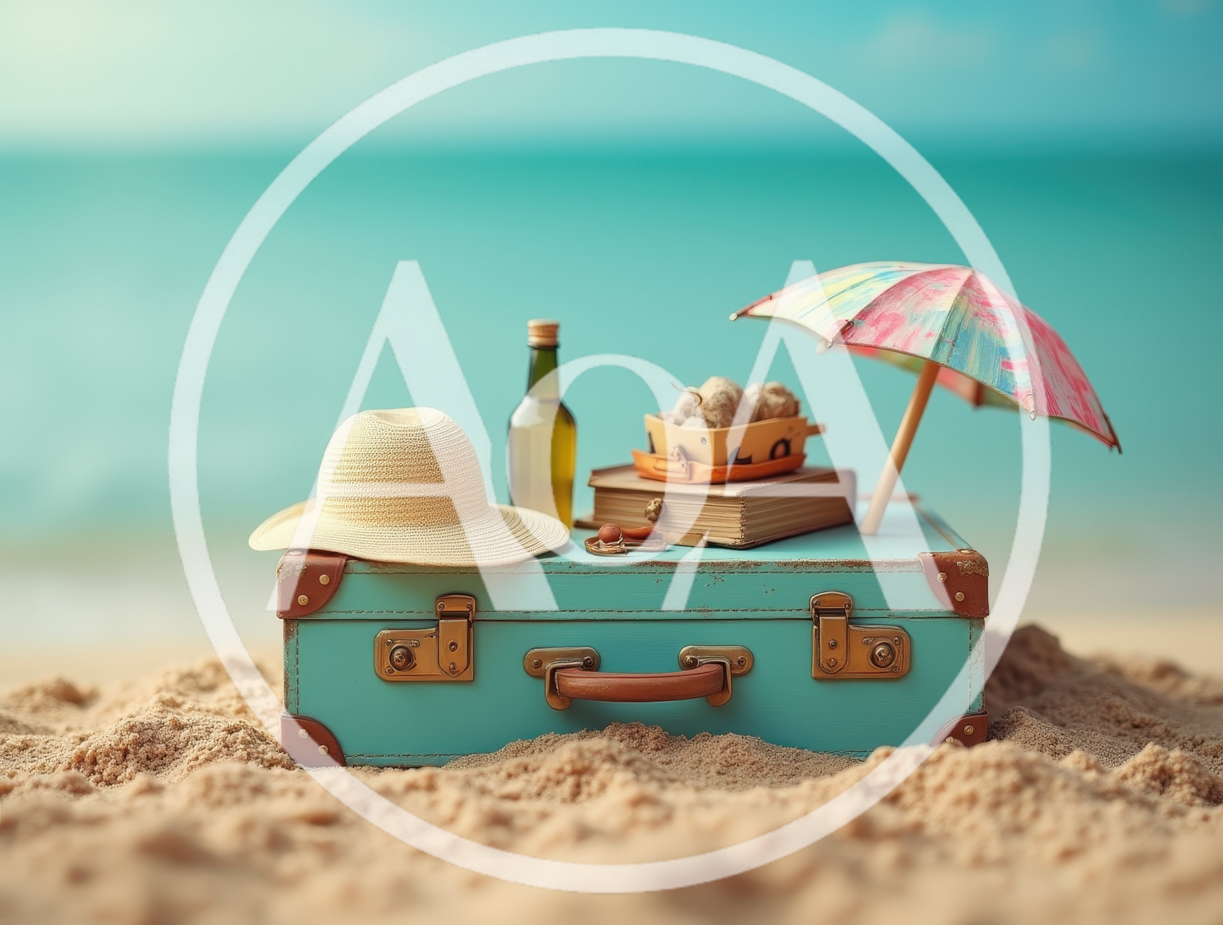 Vintage Suitcase With Beach Accessories On Sand