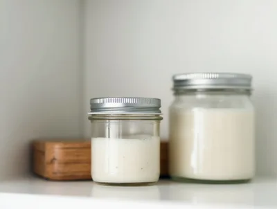 Two Glass Jars With White Cream On A Shelf