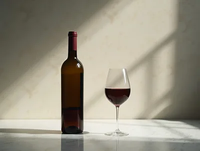 Wine Bottle And Glass On Marble Surface