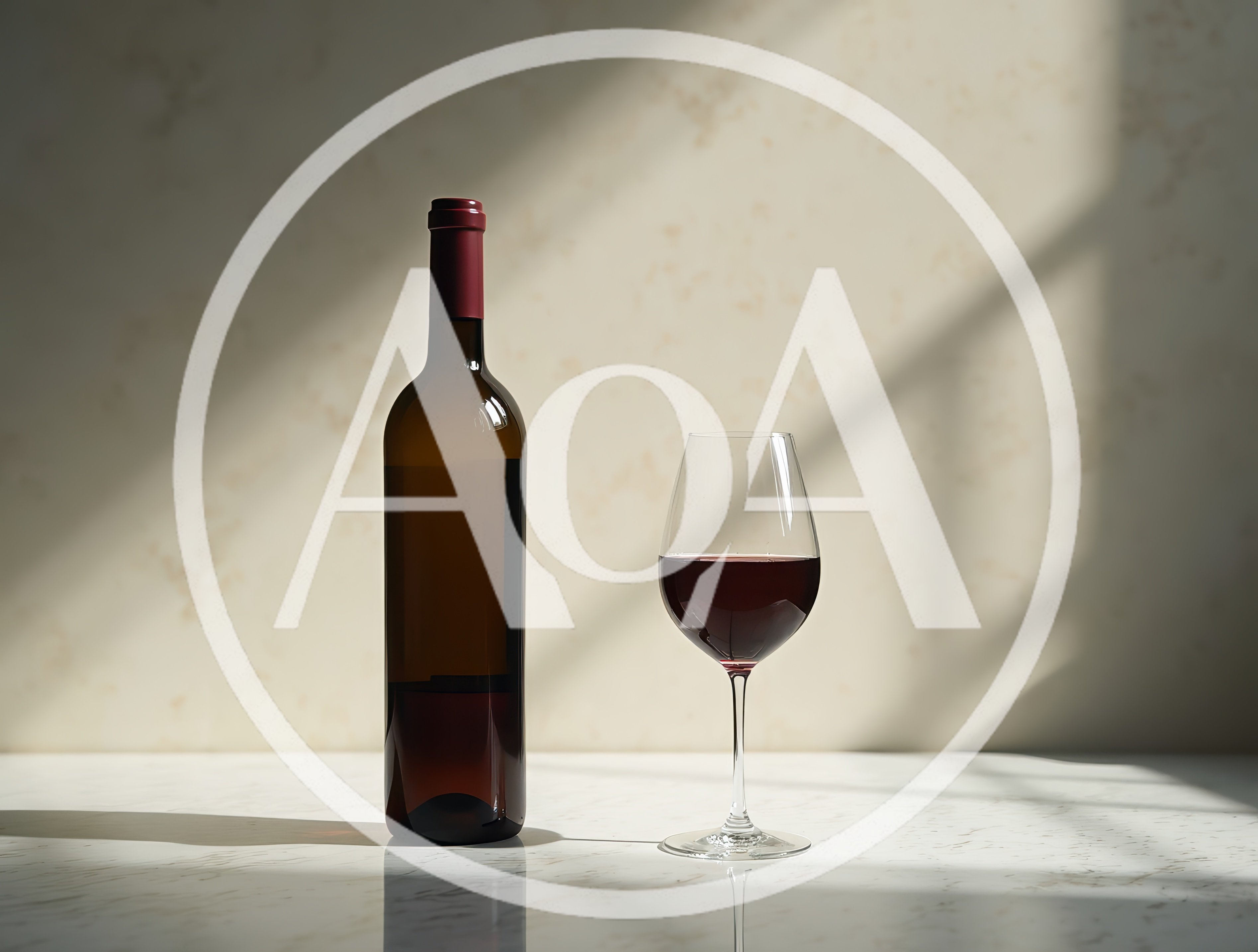 Wine Bottle And Glass On Marble Surface