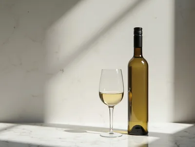 White Wine Bottle And Glass On Marble Surface